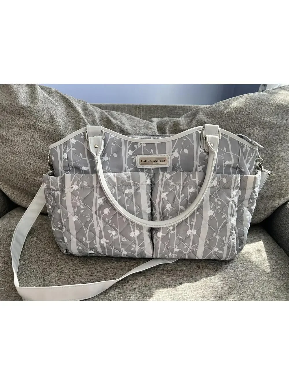 Laura Ashley Baby Gray Floral Diaper Bag Tote Changing Pad Pockets